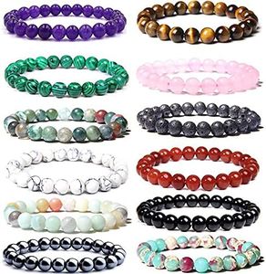 CASDAN 12PCS 8mm Gorgeous Semi-Precious Gemstones Round Beads Energy Power Crystal Reiki Elastic Stretch Bracelet For Women men Gifts, 8mm, Stone, Cubic Zirconia