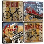 Vintage Bicycle Aircraft Wall Art Decor Canvas Prints Road Bike Glider Pictures Painting Artwork Stretched and Framed 12x12 Inch x 4 Panels Retro Airplane Black Bicycle Photos Modern Home Decoration