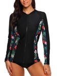 Charmo Ladies Front Zip Rash Guard UV Protection Rash Vest Floral Printed Swim Shirt Black Floral XXL