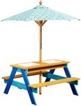 Jardineer Kids Large 2-in-1 Sand and Water Table with Removable Canopy Umbrella, 36"x31.3"x19", Wooden Outdoor Picnic Table with Sand, Water & Ice Boxes for Summer Play (Blue)