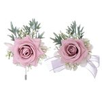 IYOU Pink Flower Wrist Corsage Wristlet Band Bracelet and Men Boutonniere Set Wedding Hand Decor for Groom Bride Groomsmen Bridesmaids