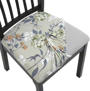 SearchI Seat Covers for Dining Room Chairs Stretch Printed Chair Seat Covers Set of 6, Removable Washable Upholstered Chair Seat Protector Cushion Slipcovers for Kitchen, Office(Green Flower)
