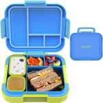 CAPERCI Bento Lunch Box for Kids, Large 4.8 Cups Bento Box Kids, 4 Compartments, Portable Handle, 2 Sauce Box, Lunch Container for School Work, Microwave/Dishwasher Safe (Blue/Juicy Pear)