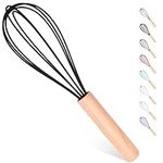 Silicone Whisk, Silicone Whisks with Wooden Handle, Whisks for Cooking, Heat Resistant Whisks for Non-Stick Cookware (Black)