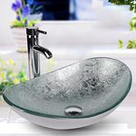 YU YUSING Countertop Bathroom Sink Basin Oval Hand Washbowl Tempered Glass with Tap Waste Set, Cloakroom Kitchen Toilet, Silver