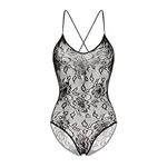 Lovehoney Lingerie Black Floral Lace Crotchless Bodysuit - Stretchy with Racer Back and Spaghetti Straps - One Size (8-16 UK)