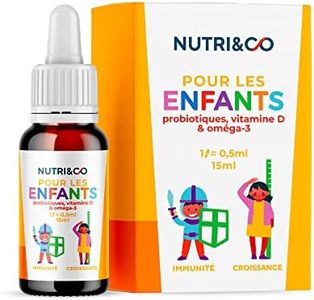 Probiotiques Enfant - Probiotiques + Vitamine D & Omega 3 - Complément Alimentaire Enfants - Immunité Défenses Croissance - Os Dents Microbiote - Dès 3 ans - 15 mL - Sans Gluten Sans Additifs Nutri&Co