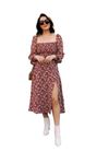 LONDON BELLY Floral Print Square Neck Midi Dress with Slit, Long Puff Sleeves (in, Alpha, XS, Regular, Coffe Brown)