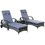 Outsunny 3 Pieces Patio Rattan Chaise Lounge Set, Outdoor PE Wicker Reclining Lounger Furniture Set, Adjustable Portable with Wheeled & Side Table, Grey