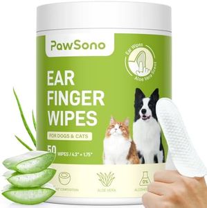 PawSono Ear Finger Wipes for Dogs & Cats, Thicker Dog Ear Cat Ear Cleaner Wipes, Natural Relief Cat Ear Cleaner Dog, Effectively Remove Ear Wax for Dog Kitten Rabbit, Aloe Scent Deodorizing, 50 Count