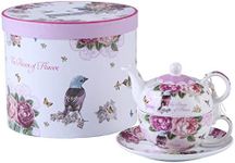 London Boutique Tea for One, Teapot cup Saucer Set Gifts for Women Tea Set for 1 New Bone China Vintage Flora Gift for Her 350m (Bird Rose Butterfly)