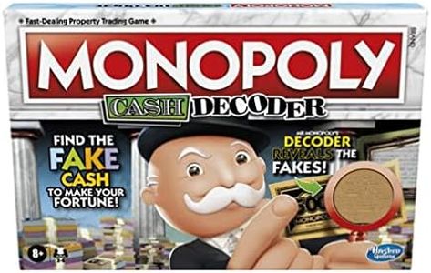 Monopoly Cash Decoder Board Game for Families and Kids Ages 8 and Up, Includes Mr. Monopoly's Decoder to Find Fakes, for 2-6 Players