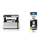 Epson EcoTank ET-M2170 Wireless Monochrome All-in-One Supertank Printer, Plus Ethernet, White & 502 EcoTank Auto-Stop Ink Bottle, Black (T502120)