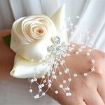 MOJUN Bridal Bridesmaid Wedding Wrist Corsage Hand Flower for Wedding, Party, Prom, Pack of 2, Cream