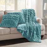 Comfort Spaces Ruched Faux Fur Plush 3 Piece Throw Blanket Set Ultra Soft Fluffy with 2 Square Pillow Covers, 50 in x 60 in, Teal