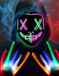 HOPOCO Halloween Mask Skeleton Gloves Set, LED Purge Mask for Festival, Cosplay, Halloween Costume, Masquerade Parties, Carnival, Anonymous Light Up Mask（Green and Purple）