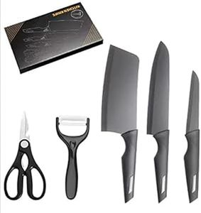 NIRDAMBHAY Stainless Steel 5 Pieces Professional Kitchen Knife Set Meat Knife Chef Knife with Non-Slip Handle Sharp Manual Sharpening for Home Kitchen High Carbon Stainless Steel Knife Black Set