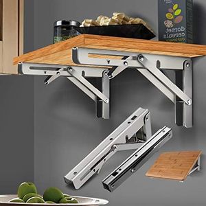 Traderight Folding Shelf Brackets, 2Pcs 8" Sturdy Folding Table Bracket Stainless Steel Triangle 150KG Wall Shelf Bench, Space Saving DIY Wall Mounted Folding Table Hinge