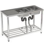 DKIEI 120x50x80cm Commercial Restaurant Sink Stainless Steel Restaurant Kitchen with Storage Shelf, Double Bowl Catering Sink with Drain Free Standing Outdoor for Kitchen Bar(No Tap)