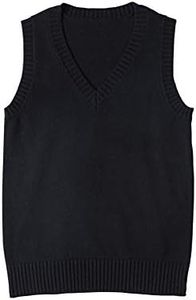 jinghuiyue Women’s V Neck Sweater Vest School Uniform Solid Color Sleeveless Knit Sweaters Pullover Tank Tops, Black, Large