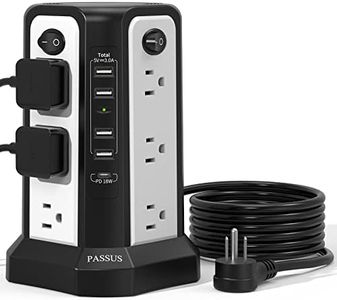PASSUS Surge Protector Tower with USB C(PD18W) Port,Power Strip Tower with 4 USB A Ports, Flat Plug 10FT Extension Cord with 12 AC Multiple Outlets,1800J Surge Protection for Home Office DormRoom
