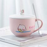 OANGO Ceramic Panda Printed Noodle Bowl, Mug with Lid and Spoon Cup, 450 Ml (Pink), 450 Milliliter