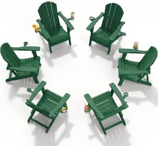 PLUUV Folding Adirondack Chair Set of 6, Easy Storage Space Saving, 380 LBS Capacity Weather Resistant HDPE with Two-Cup Holder for Outdoor Patio Fire Pit Gathering, Dark Green