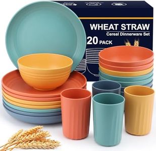 HOTEC 20-Pack Unbreakable Wheat Straw Dinnerware Set – BPA-Free Plates, Bowls & Cups | Lightweight, Microwave & Dishwasher Safe | Multicolor Reusable Tableware for Home & Outdoor Use