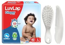 LuvLap Elegant Baby Hair Brush and Comb Set, 0m+ (White)&LuvLap Baby Diaper Pants L Size (Large), Pack of 62 Count For babies of 9-14 kg,with Aloe Vera Lotion for rash protection