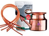 OREAYU ™ Copper Neti Yoga and Ayurveda Jala Neti Pot for Sinus, Nose Irrigation and Cleaning (5 Rubber neti sutra, 200g neti salt and 250ml copper neti)