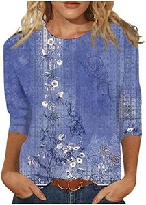 2025 3/4 Length Sleeve Womens Tops Crewneck Vintage Floral Print 3/4 Length Sleeve Womens Tops 2025 Boho Fashion Casual Loose Plus Size Shirts