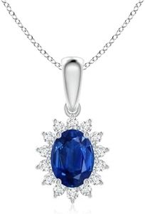 Angara Natural Blue Sapphire Pendant for Women | Oval Sapphire Pendant with Floral Diamond Halo in White Gold | September Birthday, Anniversary, Gemstone Jewelry Gift | AAA | 8x6mm