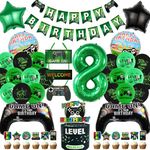 Video Game 8th Birthday Decorations - 58 Pieces Green Gaming Party Decorations Set Includes Happy Birthday Banner Door Decorations Cake Topper Number 8 Foil Balloon for Boys Game Themed Party