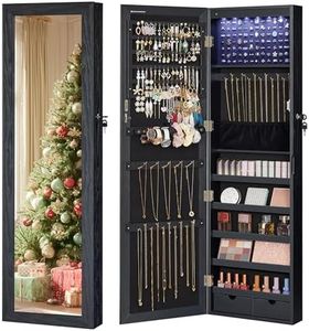 SONGMICS 6 LEDs Mirror Jewelry Cabinet, 47.2-Inch Tall Lockable Wall or Door Mounted Jewelry Armoire Organizer with Mirror, 2 Drawers, Christmas Gifts,3.9 x 14.6 x 47.2 Inches, Black UJJC093B01