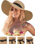 Womens Sun Straw Hat Wide Brim UPF 50 Summer Hat (Beige)