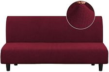 Turquoize Stretch Futon Cover Armless Sofa Cover Sofa Bed Slipcover Futon Couch Cover Furniture Protector with Elastic Bottom Feature Thick Soft Checked Jacquard Fabric, Burgundy