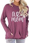 Fuyxxmer Womens Fur Mom Sweatshirt Mama Gift Graphic Tee Long Sleeve Pullover Blouses Top Shirts with Pockets Fuchsia