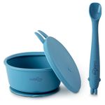 CUBKINS Silicone Suction Bowl with Early Feeding Bendable Spoon for Feeding Babies | BPA Free, Washable and Reusable Feeding Bowl for Kids, Toddlers (Blue Olive)