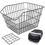 Mkuero Rear Bike Basket, Metal Rear Bicycle Basket with Bike Basket Liner and Adjustable Cargo Net, Waterproof Bike Basket for Most Rear Mounted Bike Racks, Large Space Bike Basket Rear… (Square Grid)