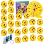 Lenwen 30 Pcs Classroom Clock Kit Includes 1 Pcs Big Student Clock 25 Pcs Mini Geared Clock 24 Hours Learn to Tell Time Clock 4 Pcs Clock Stamp for Kids Learning Teacher Classroom Supplies