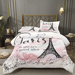 Bodhi Full Size Paris Comforter Set,Girls Pink bedding set,Cartoon eiffel tower Comforter Set,Girls Comforter with Matching Pillowcase,Pink Girls Bed Set Full Size