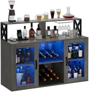 CuisinSmart Bar Cabinet for Home, Wine Cabinet with Power Outlets, Led Lights and and Glass Holder, Liquor Cabinet with Storage, Racks for Home, Kitchen Retro Gray