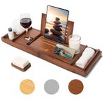 Homiu Bamboo Bath Tray - Extendable Bath Caddy - Natural Wooden Bathtub Tray with Candle, Wine Glass, Book Rest, iPad & Phone Holder Stand - Luxury Bathtub Accessories - Bath Accessories (Brown)