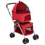 vidaXL 2-Layers Folding Dog Stroller in Vibrant Red – Portable, Comfortable, with Safe Seating and Storage Pockets, Perfect for Outdoor and Hiking Trips