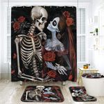 YMTZJYQ Halloween Shower Curtain and Rugs Bathroom Sets, 4 Pcs Red Rose Skull Couple with Sugar Kiss Flower Bath Decor,Black Waterproof Tub Curtains Mats/U-Shape Rug Toilet Cover Hooks (Y6)