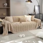 HOKIPO Luxury Waxy Faux Rabbit Plush Sofa Throw, Fluffy Sofa Cover for 3 Seater Sofa, 180(D) x 310(L) cm, Beige (AR-5081-BGE)