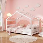 Giantex Twin Bed Frame, Single Bed, Kids Low House Bed with Roof, Headboard and Footboard, Montessori Bed, No Box Spring Needed, Wood Floor Bed Frame for Kids Teens Girls Boys (White)