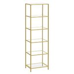 VASAGLE 6 Tier Glass Shelf Bookcase Storage Cabinet Thin Steel Frame for Bathroom Living Room Office Bedroom Gold LGT500A01