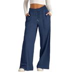 HOOUDO Wide Leg Joggers for Women UK Baggy Elastic High Waisted Sweatpants Loose Casual Tracksuit Bottoms Ladies Lounge Trousers Jogger Pants for Sport Yoga Running Deals Under 10 Dollars Dark Blue