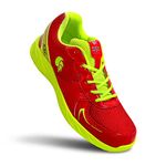 DSC Akido Badminton Shoes | Color: Red & Flouro Yellow | Size: 9UK/ 10US/ 44EU | for Mens & Boys | Material: Leather | Natural Crape Rubber Non Marking Outsole | Breathable Mesh